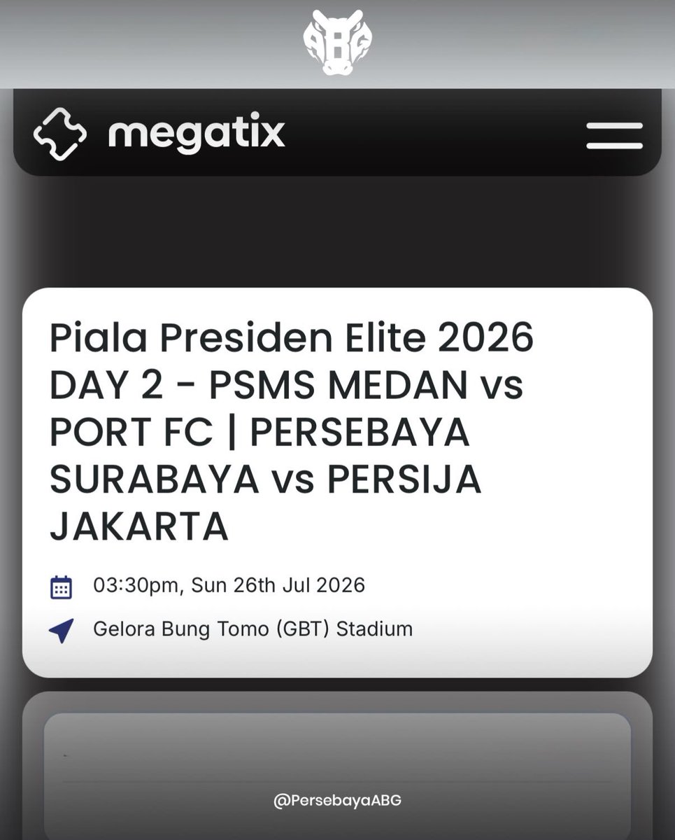 PersebayaABG's tweet photo. Piala Presiden 2026 Hadir di GBT, Tiket Sudah Bisa Dibeli!

Turnamen pramusim paling dinanti akhirnya kembali hadir di Surabaya. Piala Presiden 2026 akan menghadirkan atmosfer sepak bola terbaik di Stadion Gelora Bung Tomo, dan kabar baiknya, semua kategori tiket dibanderol hanya Rp50.000.

Persebaya akan bersaing di Grup B bersama Persija Jakarta, PSMS Medan, dan Port FC. Ini bukan cuma laga persiapan, tetapi momen untuk kembali memenuhi stadion dan menghidupkan semangat sepak bola Kota Pahlawan.

📍 Lokasi penukaran tiket: 
• Persebaya Store Raci Pakal (tribun atas)
• Persebaya Store Surabaya Town Square (VIP atas, barat, utara, selatan)
• Persebaya Store Komplek (timur)
Waktu penukaran: H-2 hingga hari pertandingan, pukul 10.00–20.00 WIB

Jangan sampai kehabisan. Ajak keluarga, teman, dan seluruh rekan seperjuangan untuk merasakan langsung atmosfer Piala Presiden di GBT!

#PersebayaABG
