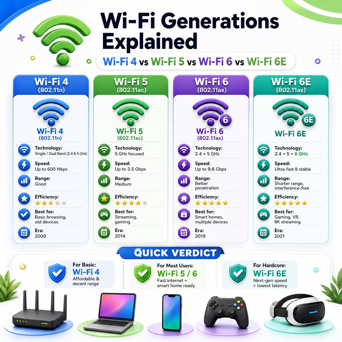 CiscoSwitchs's tweet photo. Is it time to upgrade your Wi-Fi? 📶✨ From basic browsing to 8K streaming, here is a quick cheat sheet for Wi-Fi generations!

While Wi-Fi 6E delivers ultra-fast, interference-free wireless, your network is only as strong as its wired backbone. 

To unlock those massive multi-gigabit speeds, you need a high-performance Network Switch. A switch serves as the central communication hub of your IT setup, intelligently routing high-speed data (and PoE power) directly to your Access Points to ensure your local network remains completely bottleneck-free. ⚡🔌

👉 https://t.co/3BMVWnbT4u

#WiFi6E #NetworkSwitch #ITInfrastructure #SysAdmin #TechTips #Networking
