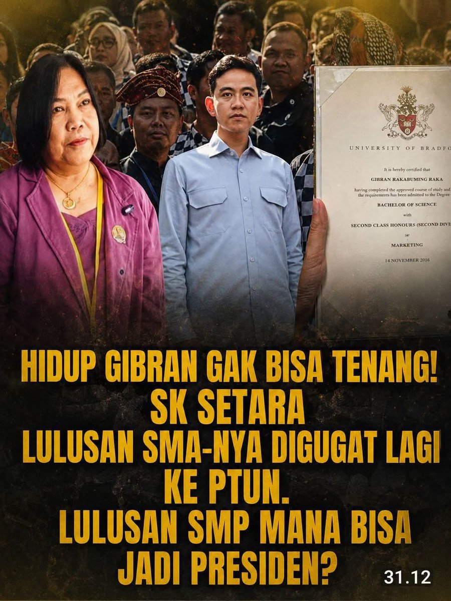 ArdieSuhardi321's tweet photo. GIBRAN GAK BISA TIDUR NYENYAK...

HIDUP GIBRAN GAK BISA TENANG, SK SETARA LULUSAN SMA NYA DIGUGAT LAGI KE PTUN...

LULUSAN SMP MANA BISA JADI WAORES ATAU PRESIDEN....‼️

#MBGDanKMPKorupsiEdan
#MBGDanKMPKorupsiEdan
🆘🆗 https://t.co/XqTOg90Nrq