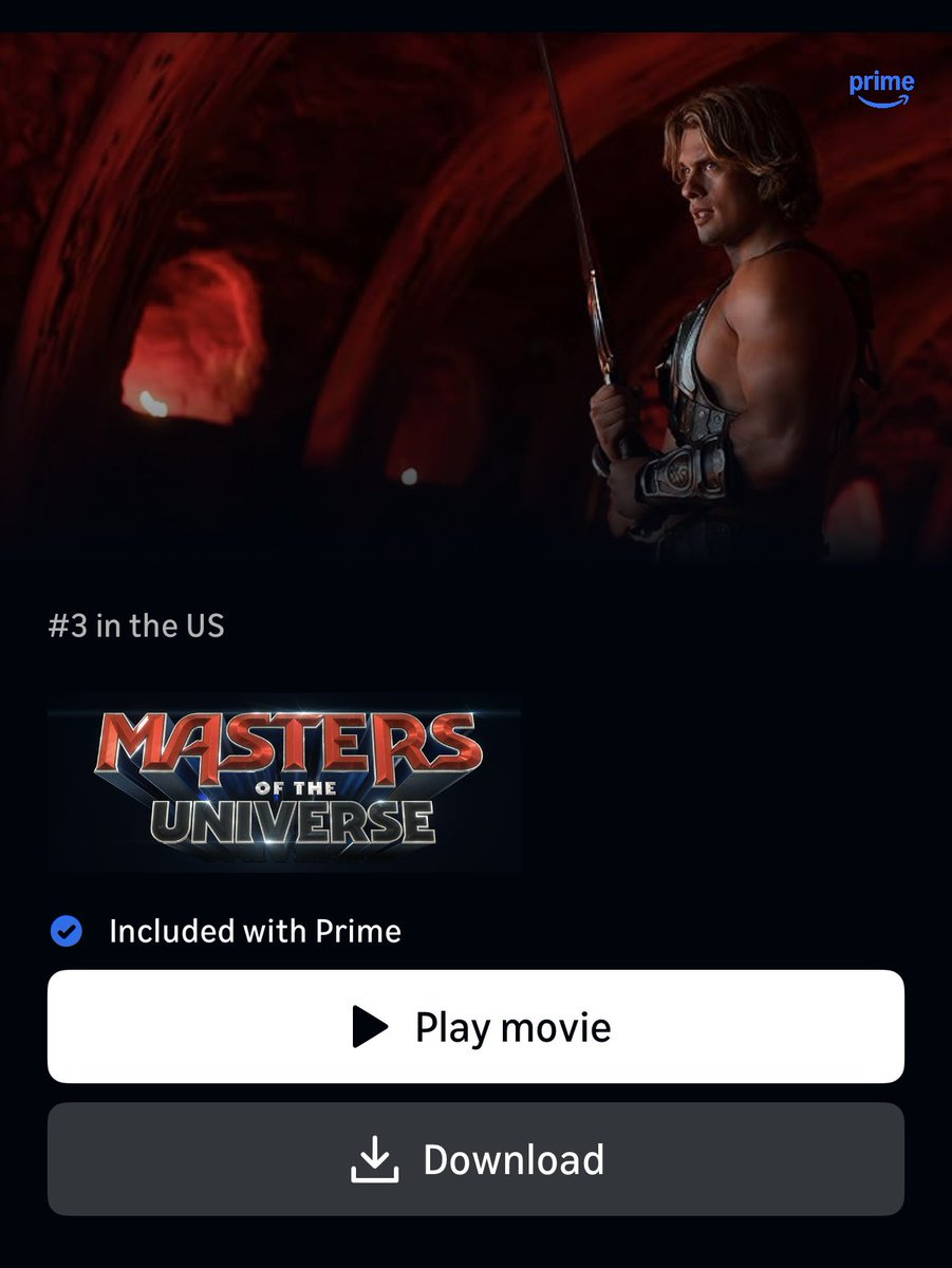 motumovie2026's tweet photo. Masters of the Universe reaches #3 in the U.S. less than 24 hours after its streaming debut on @PrimeVideo . 🗡️⚡️

#MastersoftheUniverse #PrimeVideo https://t.co/NZ8ZL52n0y