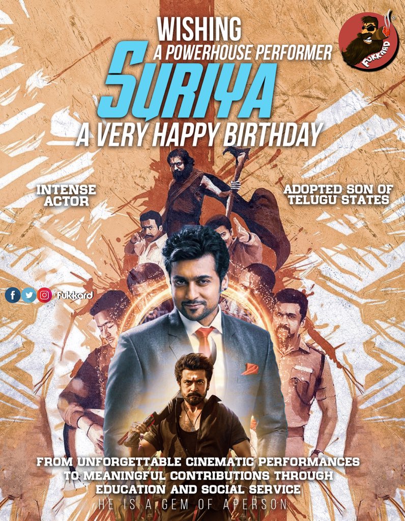 Fukkard's tweet photo. Birthday  wishes to the Power house Performer, the person who gave us the intense cinematic experiences, Good Human being, Adopted Son of Telugu States #SuriyaShivakumar garu 🎉🎊

#HBDTheOneSuriya #Suriya @Suriya_offl https://t.co/0wDhgqx6Wy