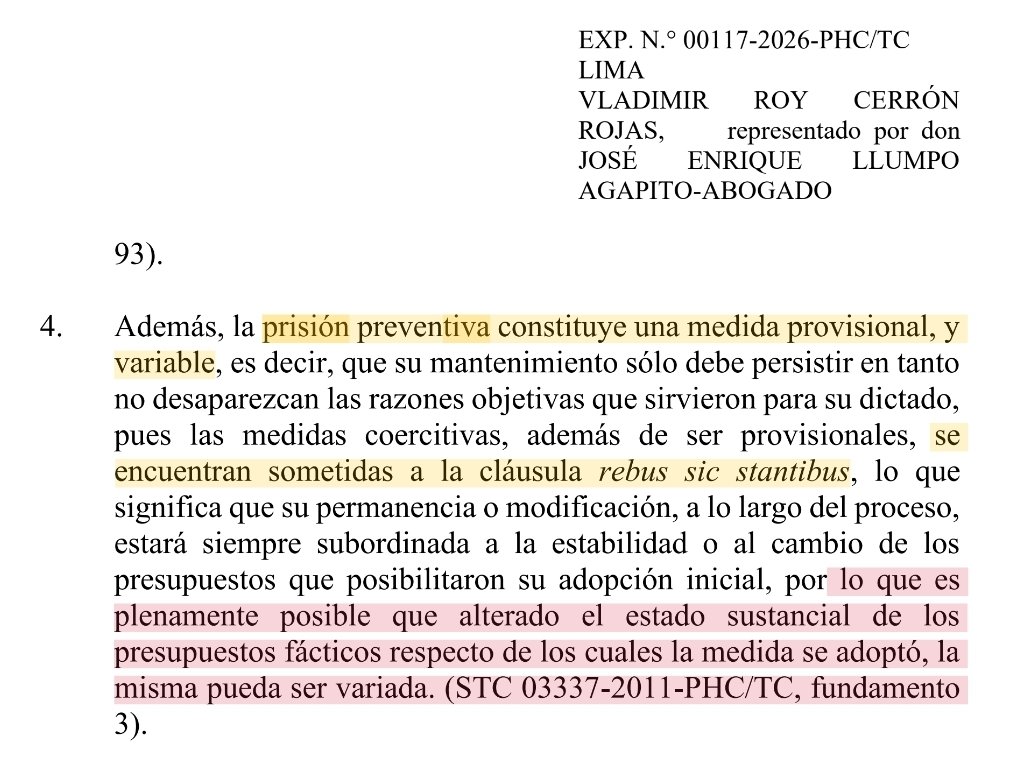 BLADIMIRCESARL1's tweet photo. TC| #Expediente00117-2026-PHC/TC
La #prisiónpreventiva, que debe ser entendida como una medida coercitiva excepcional, provisional y sujeta a la cláusula rebus sic stantibus, por lo que su mantenimiento exige permanente evaluación y debida motivación para su imposición. https://t.co/YYZFpMige3
