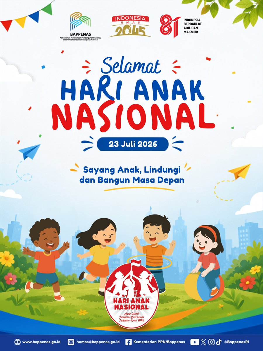 BappenasRI's tweet photo. #SahabatPembangunan,
Selamat Hari Anak Nasional 2026! Bersama, wujudkan anak Indonesia yang sehat, bahagia, terlindungi, dan berprestasi🇮🇩

#Bappenas #MembangunIndonesia #HariAnakNasional2026 https://t.co/s5X1XrBxxB