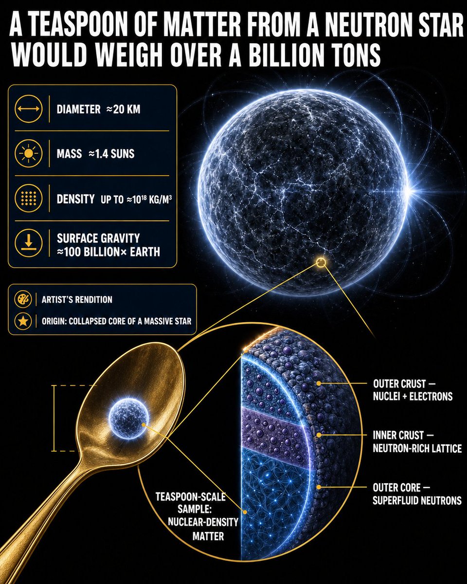 epicspacemedia's tweet photo. A typical neutron star packs roughly 1.4 Suns into a sphere about 20 km wide. At representative densities, a teaspoon of its material can weigh on the order of a billion tons on Earth. https://t.co/45VElhgrcV