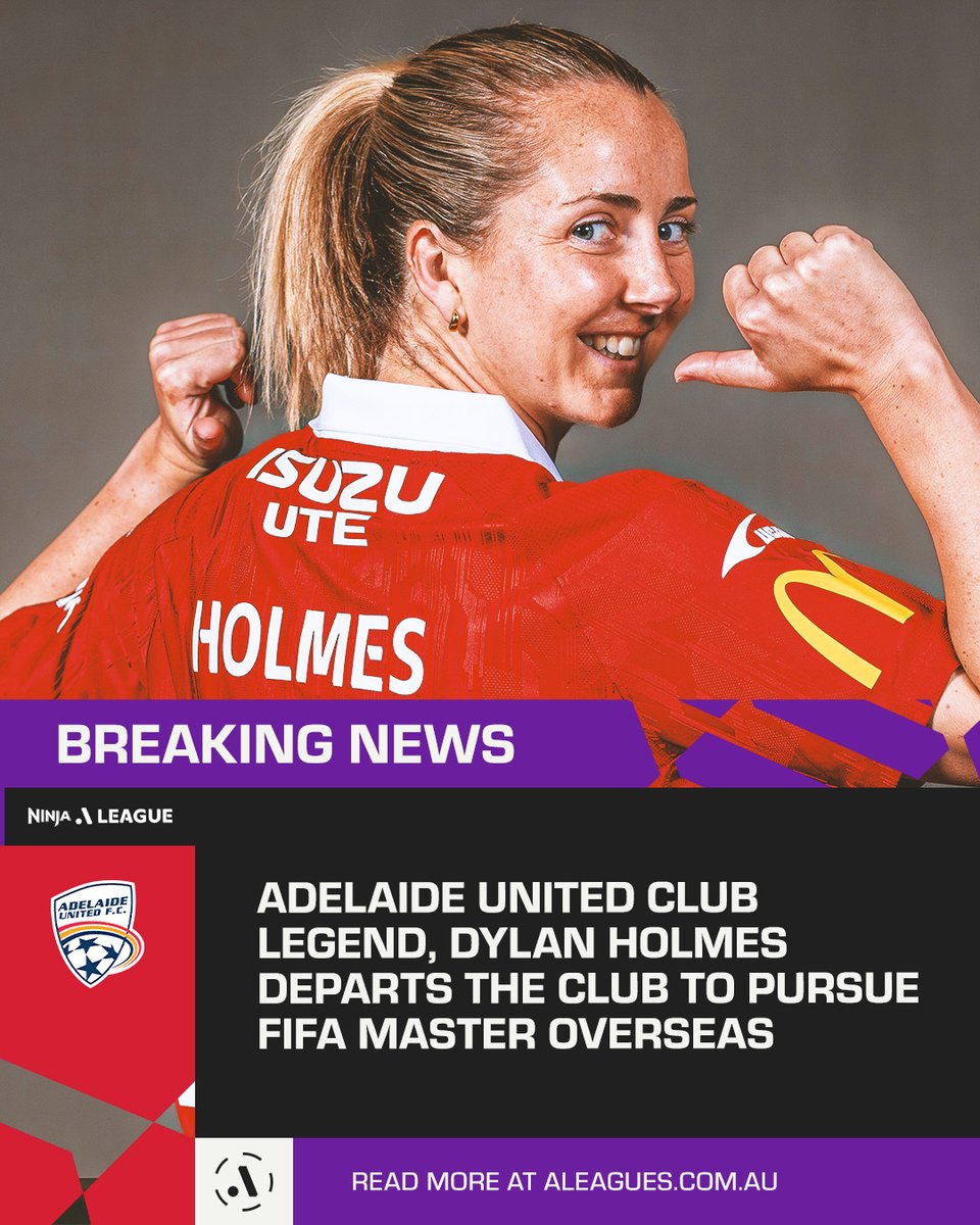 aleaguewomen's tweet photo. Dylan Holmes has departed Adelaide United 🔴

The club legend leaves the club to complete the FIFA Master - International Master (MA) in Management, Law and Humanities of Sport.

Best of luck! 🫶 https://t.co/cEmv6XLH8y