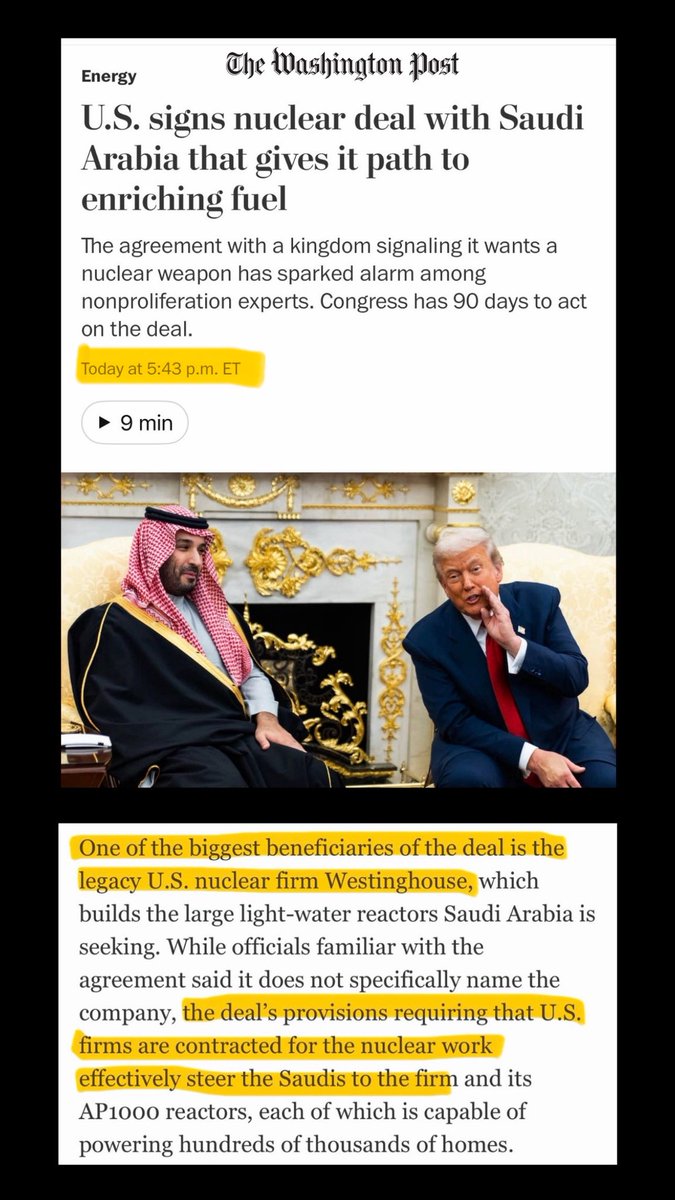 SawyerHackett's tweet photo. Oh, look. The same company that bailed out Jared Kushner’s $2B troubled property just got access to build nuclear reactors in Saudi Arabia.

The same company Trump pledged $80B in taxpayer financing to—in exchange for a govt stake in the company. https://t.co/chut4IcY2t