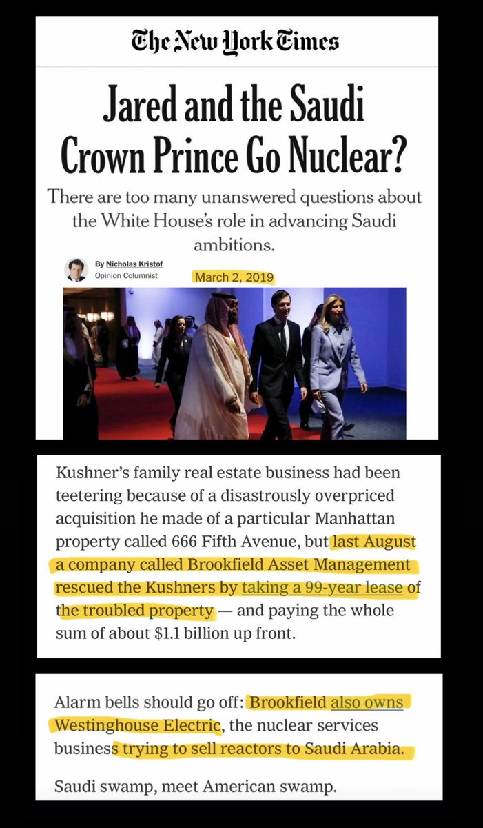 SawyerHackett's tweet photo. Oh, look. The same company that bailed out Jared Kushner’s $2B troubled property just got access to build nuclear reactors in Saudi Arabia.

The same company Trump pledged $80B in taxpayer financing to—in exchange for a govt stake in the company. https://t.co/chut4IcY2t