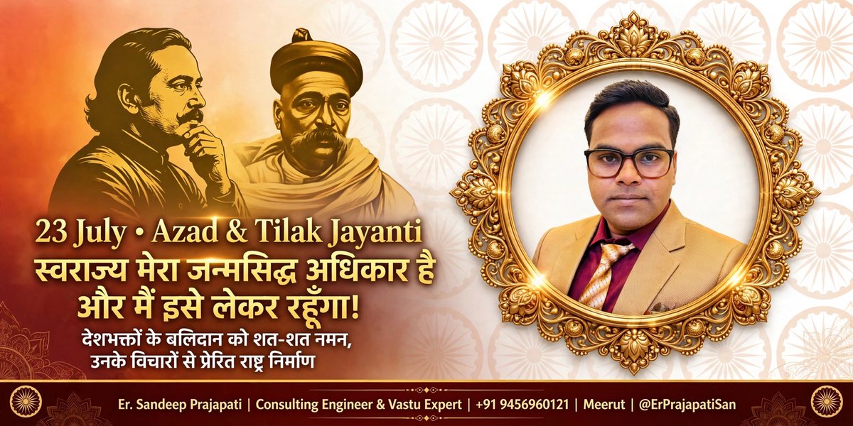 ErPrajapatiSan's tweet photo. 🙏वीर क्रांतिकारी चंद्रशेखर आजाद और लोकमान्य बाल गंगाधर तिलक जी की जयंती पर शत-शत नमन। उनके विचार आज भी प्रेरणा देते हैं।

#AzadJayanti #TilakJayanti #ChandrashekharAzad #BalGangadharTilak #Swaraj #FreedomFighters #DeshBhakti #SKPGroup #ErSandeepPrajapati #Meerut #VandeMataram https://t.co/IpXtVzjRFv
