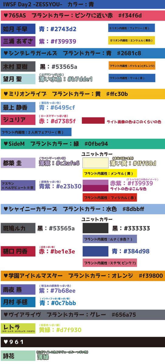 _anmi2New's tweet photo. IWSF
各アイドルカラーはこちらです～！！
Day1は持ってたら黒
Day2は基本青と紫系
Day3ha赤とピンクとオレンジがほとんどかな！
Day3基本赤ふっておけば問題なさそう(笑)
周りの担当っぽいPさんについていけば最悪大丈夫！！ https://t.co/mw2cgEjqXY