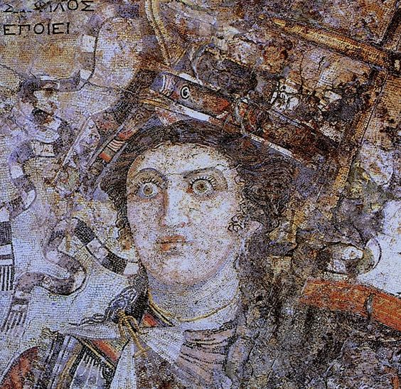 AncientHistorry's tweet photo. Mosaic from Thmuis, Egypt, created by the Hellenistic artist Sophilos (signature) in about 200 BC, now in the Greco-Roman Museum in Alexandria, Egypt. The woman depicted in the mosaic is the Ptolemaic Queen Berenike II (who ruled jointly with her husband Ptolemy III) as the personification of Alexandria.