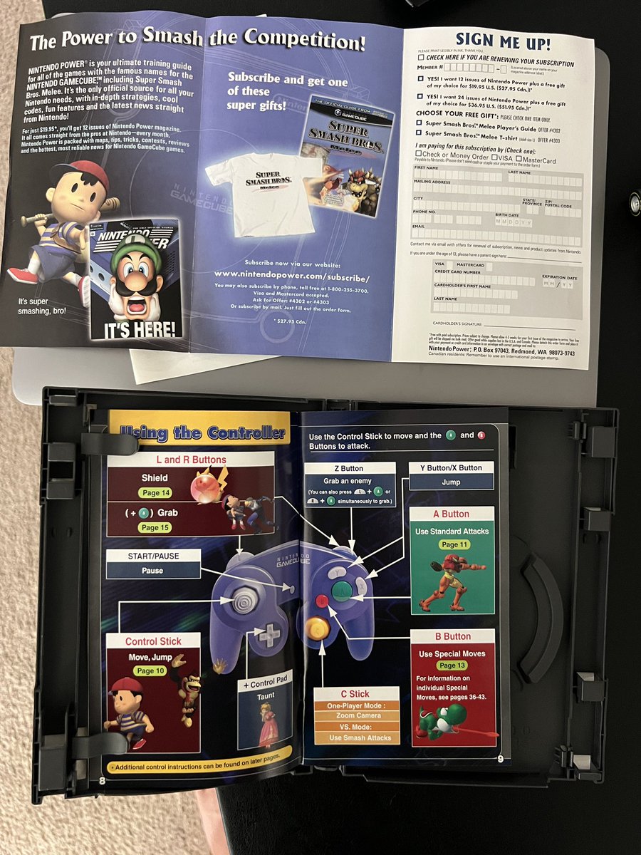 Stockscobar's tweet photo. Wireless Wavebird’s, thicc instruction booklets, &amp; free Super Smash Melee T-shirt or Player’s Guide w/ new Nintendo Power subscription (That cost a crisp and fair $19.95 for the YEAR back then). @FakePearBear Took my kids back in #Nintendo time today. 2001 was wild as a kid.🛸🎮 https://t.co/uvyyuRwnqr
