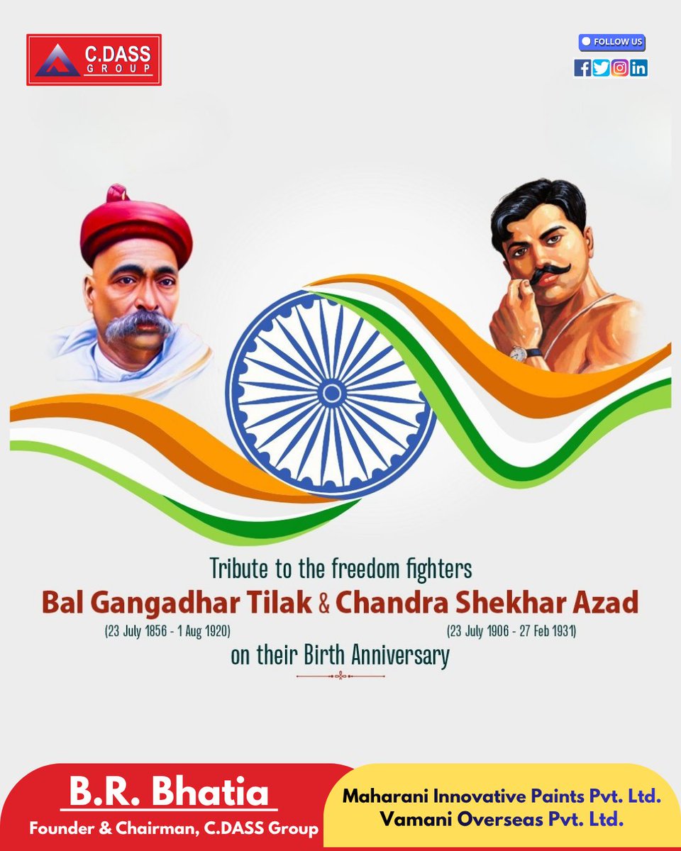 brbhatia_cdass's tweet photo. On the birth anniversaries of Lokmanya Bal Gangadhar Tilak and Chandra Shekhar Azad, we pay our heartfelt tribute to two of India's greatest freedom fighters. 🇮🇳
#BalGangadharTilak #ChandraShekharAzad #FreedomFighters #BirthAnniversary https://t.co/GIgdVwS0DG