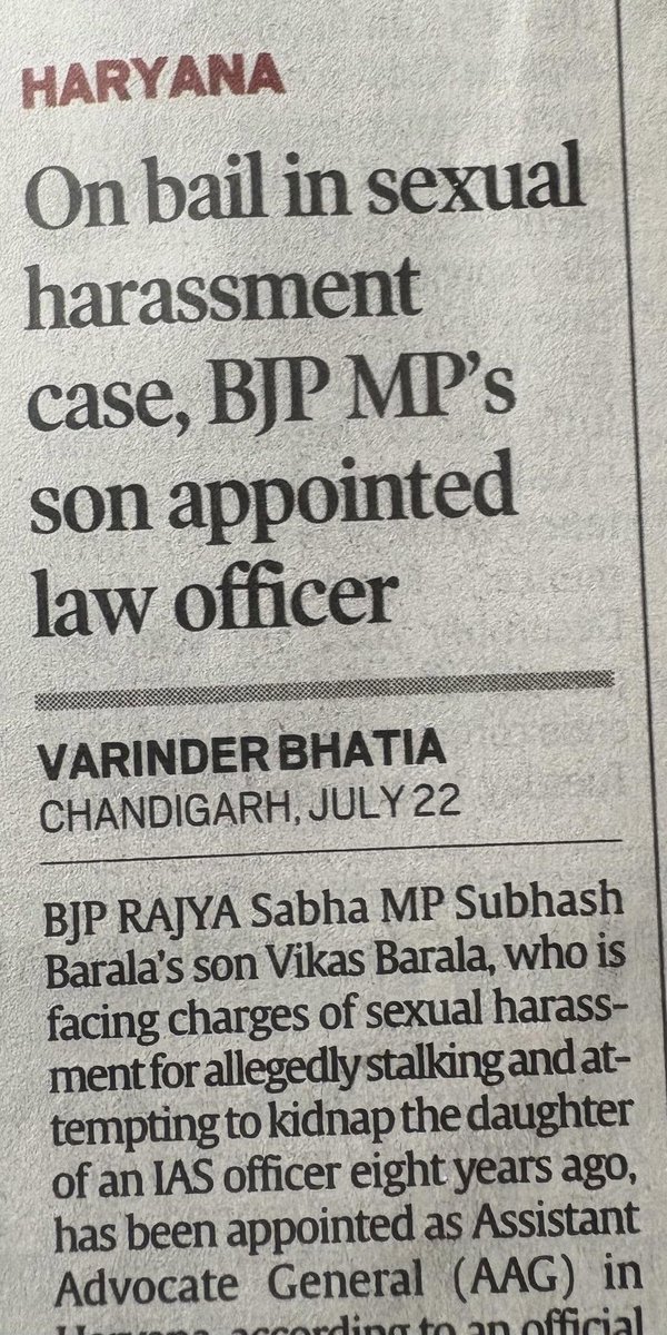 AjoyDharmavaram's tweet photo. #OneYearAgo
Remember this ? A BJP MP's son facing charges of sexually harassment against multiple women was appointed as Asst. Advocate Gen in BJP ruled #Haryana overseeing sexual assault cases!!
This is why we call BJP Govts #Fascist. https://t.co/yN5W489SO8
