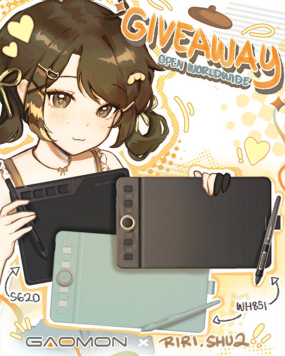 Gaomonpentablet's tweet photo. 🎁GAOMON x Riri Shu GIVEAWAY!
Win a FREE pen tablet to boost your digital art!

Prizes (2 Winners):
• 1x GAOMON WH851 Pen Tablet
• 1x GAOMON S620 Pen Tablet

To Enter:
1. Follow @Gaomonpentablet & @riri_shu2
2. Like & Repost this post (or Riri’s post—both valid!)

Duration: July 23 – July 31
Winner Revealed: August 1 – August 3

Good luck! Show some love to Riri's page for more awesome art!