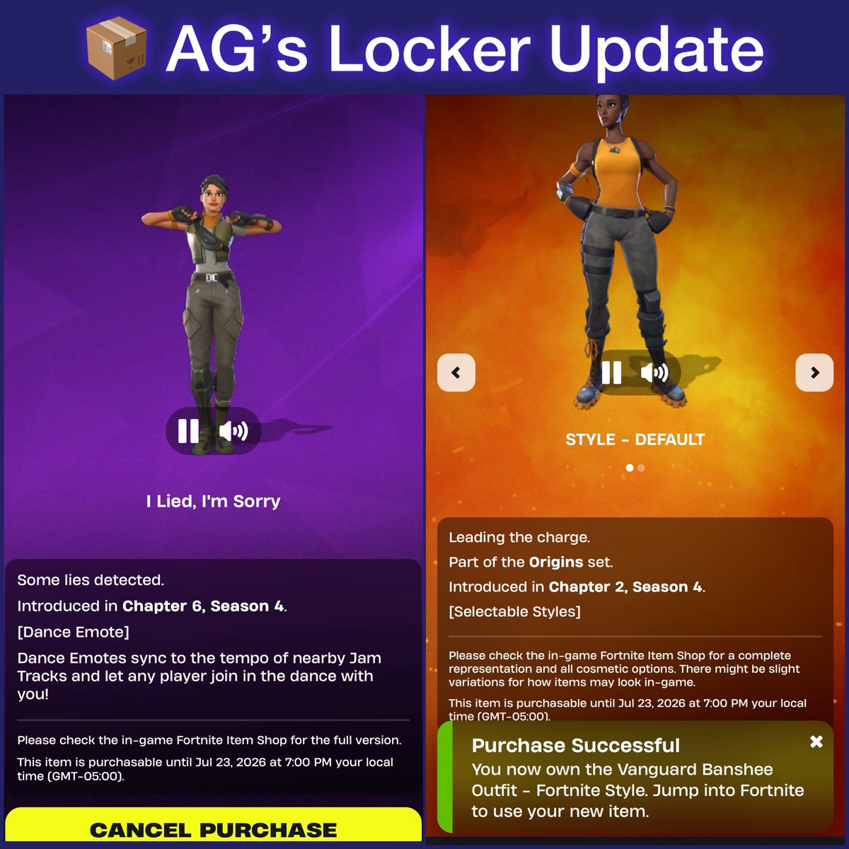 AGtheOGGamer's tweet photo. 📦 AG’s Locker Update

So I was going through all the items leaving today and it was another light day in the shop for me, which my pockets are thankful. 😁 
-
I picked up the AMAR’S W LOCKER BUNDLE at a discounted price of 300 VBUCKS!!! 🙌🏼 Glad to see the Holo-Back backbling as part of the set, I had been WAITING for that for a while now. 👍🏼 I had previously picked up the Star Wand and Recon Expert, so I was happy to pick up the rest on the low, using the homie’s Support A Creator code, QuantumCamper of course. 😊

Also picked up the I Lied, I’m Sorry emote and last but not least, the Vanguard Banshee skin. I already spoke in my last post why she’s a MUST buy in my book, so I’ll keep it super short and say, she’s a beautifully designed, classic Fortnite style skin for 800 Vbucks, that’s back after 513 days and here for ONLY 24 hours. 😁 LET’S GO!!