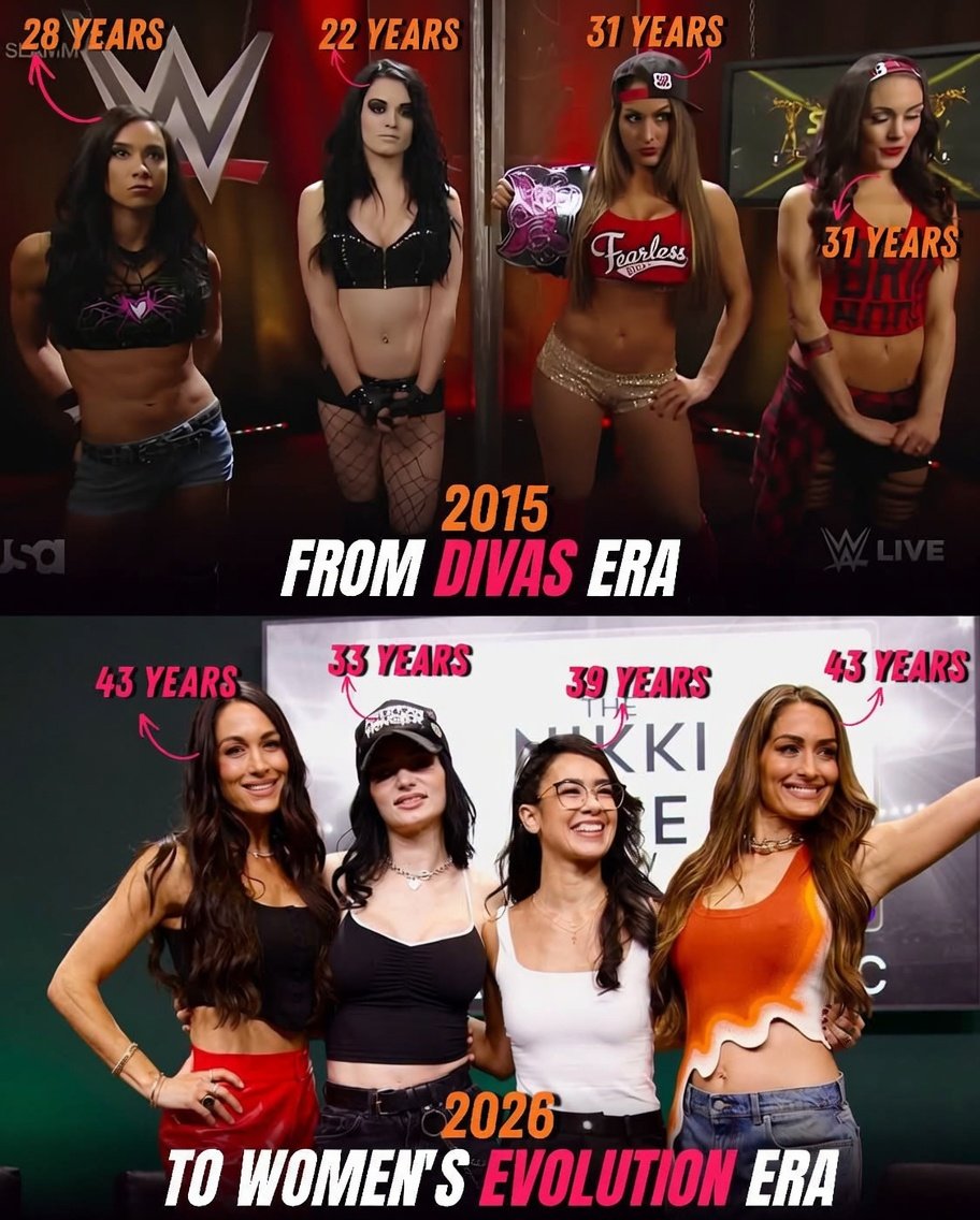 TheSquaredTimes's tweet photo. AJ Lee, Paige, and The Bella Twins from the Divas Era in 2015 to the Women’s Evolution Era in 2026.

 What an incredible journey! 😍❤️ https://t.co/tt0wEul9iv
