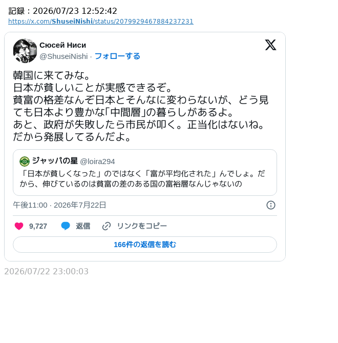 sakami_keniti's tweet photo. 「韓国に来てみな。
日本が貧しいことが実感できるぞ」

1万いいね近い。 https://t.co/xvONfhMCjc