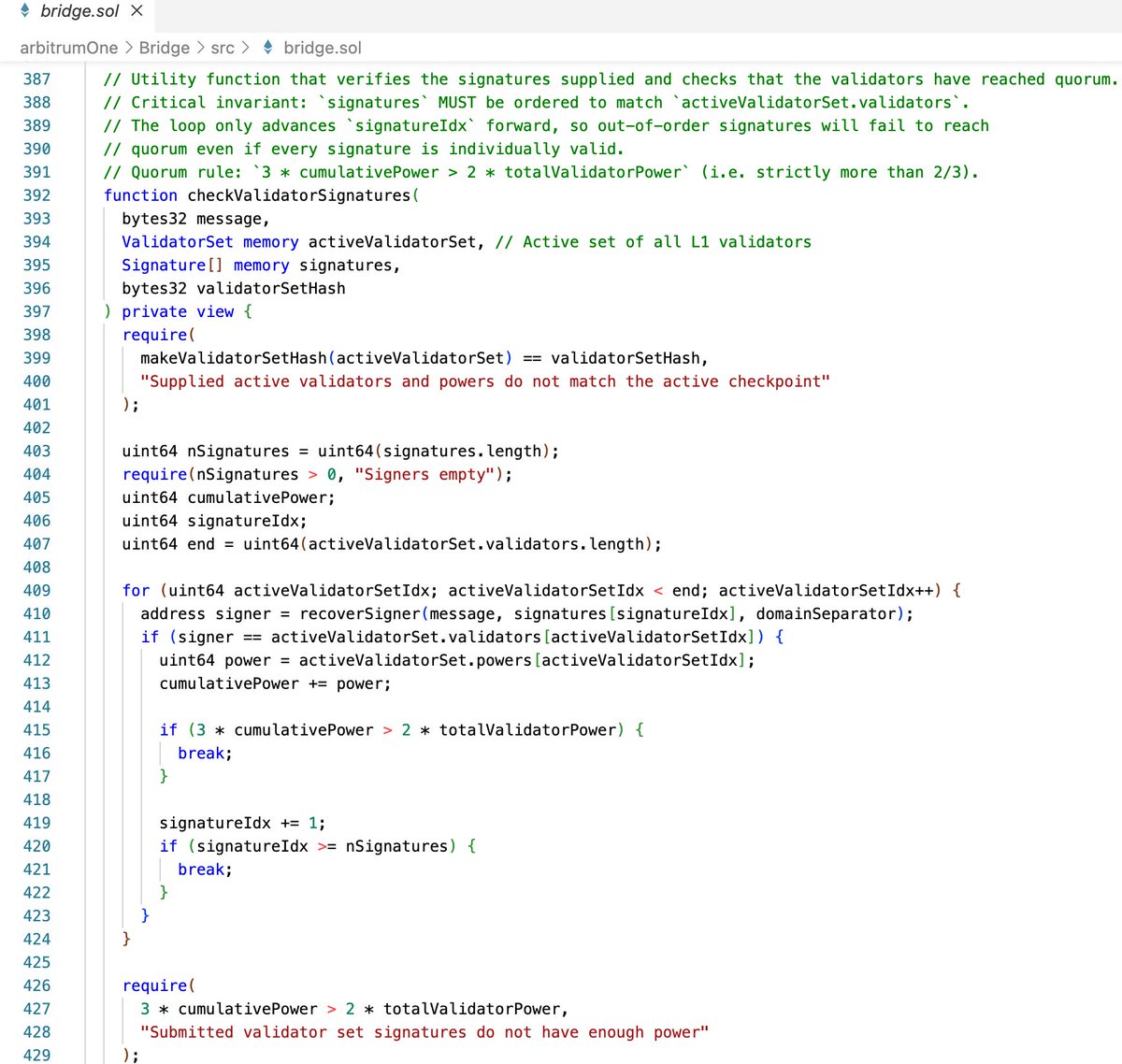 Phalcon_xyz's tweet photo. .@AFX_XYZ was reportedly exploited for ~24.15M USDC. While the root cause is still under investigation by the team, our on-chain analysis suggests malicious use of authorized validator keys, as the attacker-provided signatures appear to satisfy the bridge’s 5-of-7 validator quorum.

The active validator set had a total power of 10,000, while the five submitted validator signatures accounted for 7,142 power, exceeding the required >2/3 threshold.

This suggests the bridge’s signature verification logic was not bypassed. Whether the keys were externally compromised or used through other means cannot be determined from on-chain evidence alone.