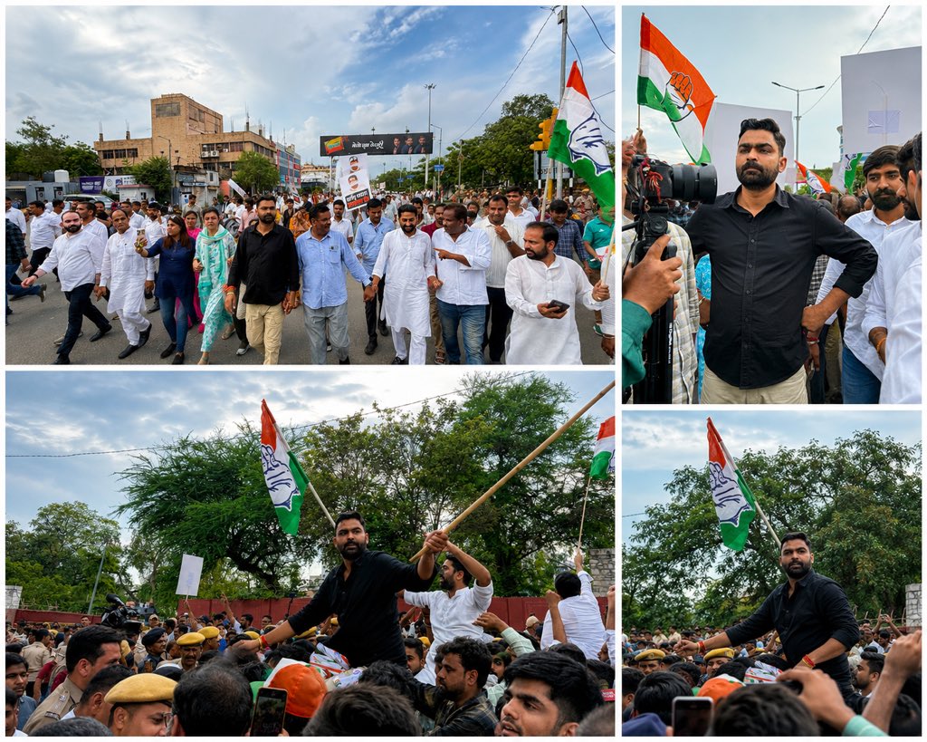SatveerRajsthan's tweet photo. लोकतंत्र के सिपाही हैं हम, झुका नहीं पाओगे,
सत्ता के अहंकार से हमें डरा नहीं पाओगे।
तानाशाह! याद रखना ये दिन,
जनता के फ़ैसले से बच नहीं पाओगे।

📌बीजेपी कार्यालय घेराव जयपुर, #Rajasthan 
#ChaatronkiGoonj @RahulGandhi @priyankagandhi @SachinPilot @ManishSharmaIYC @kcvenugopalmp @kanhaiyakumar @IYC @nsui @INCIndia