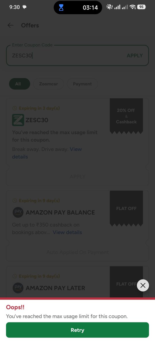 vaibhavchits's tweet photo. @Zoomcar__India I tried to make a booking yesterday night and applied the code ZESC30 but didn't complete the payment. 

Now I'm trying to make the booking again but the code is not applicable, it's showing "You've reached the maximum usage limit for this code" can you please reset. 9049247585 https://t.co/ByoZ7UZlB5