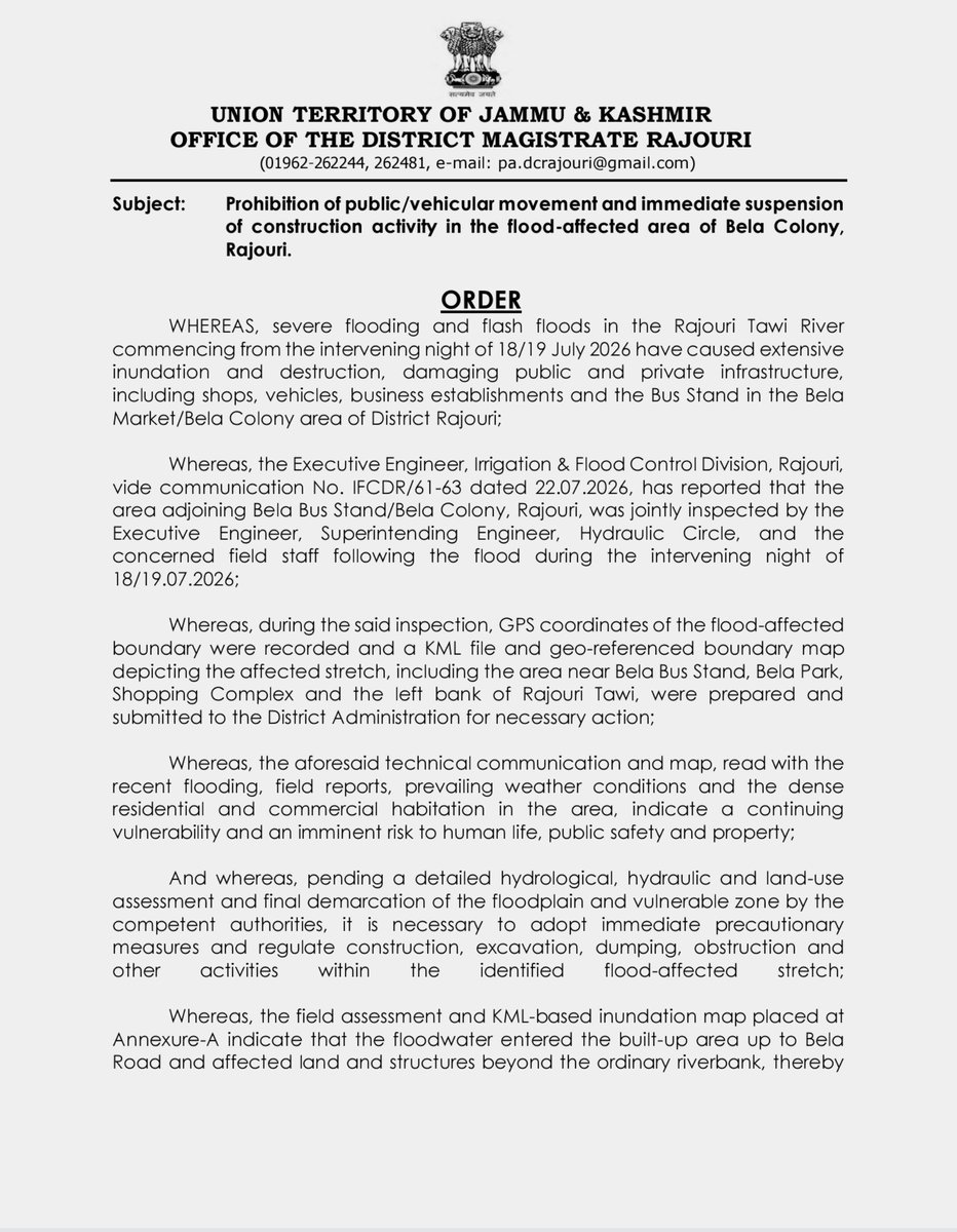 DioRajouri's tweet photo. In view of the recent floods, Chairperson DDMA/DM Rajouri has prohibited public/vehicular movement &amp; suspended all construction activities in the flood-affected Bela Market &amp; Bela Colony areas for 60 days. Citizens are urged to avoid the restricted zone.
@OfficeOfLGJandK
@diprjk https://t.co/MVrGmoDHf4