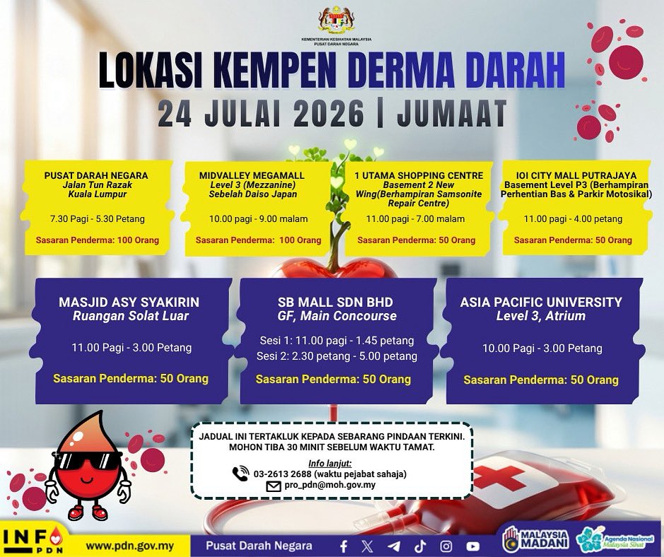 PDNKKM's tweet photo. Jom derma darah. Jalankan tanggungjawab sosial anda, hadir di lokasi yang tertera di jadual.
Untuk makluman lanjut, sila layari https://t.co/pgZzZWIwuF
#TeamPDN
#DermadarahBudayaKita https://t.co/i7XkUNbaiD