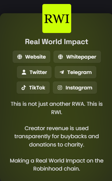 RWIrobinhood's tweet photo. A few changes have been made to the dexscreener page for $RWI.

Follow us on @tiktok_us:
https://t.co/uPAG4NtcCC 

Follow us on @instagram:
https://t.co/nhohDZzDpD

While I will always be most active on X, we are now on multiple social media platforms. https://t.co/A7vE0NC6Ya