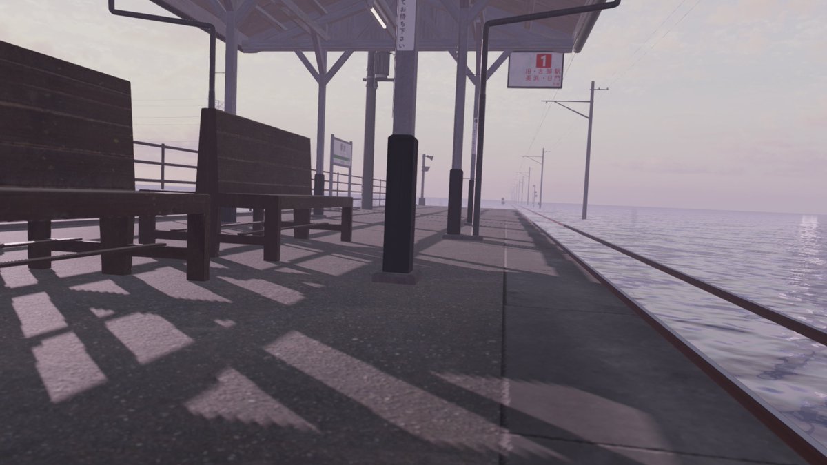 amorphousgroup's tweet photo. AMORPHOUSおすすめワールド

world：海へと続く終着駅

海の上へまっすぐ続く線路と、静かにたたずむ小さな駅。
淡い空と水面に包まれながら、列車を待つ時間まで楽しみたくなるワールドです。
制作者様：mackerel_misogi

ワールドURLはリプライに記載
#VRChat #VRC #VRChat_world紹介 https://t.co/iDpgSqjvJs