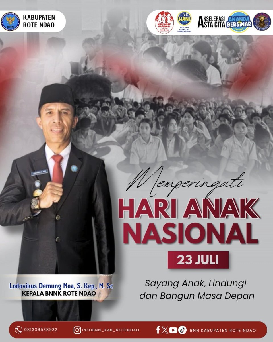 BnnkRote's tweet photo. Kepala BNNK Rote Ndao beserta seluruh staf mengucapkan Selamat Hari Anak Nasional 2026🙏

​Mari bersama jaga dan bentengi generasi penerus bangsa.

Sayangi Anak, Lindungi dan Bangun Masa Depan 💪🔥

#anandabersinar #warondrugsforhumanity #indonesiabersinar https://t.co/nmnp9u8o2O