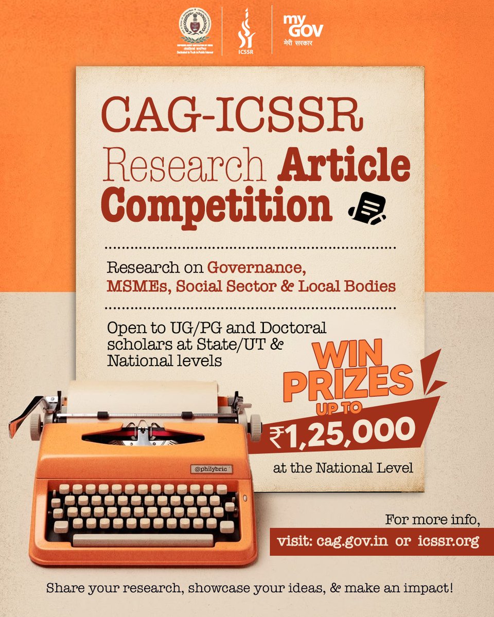 mygovindia's tweet photo. Got a research paper brewing? It is time to get it noticed and rewarded.

The CAG-ICSSR Research Article Competition is officially open for UG, PG, and Doctoral scholars! Submit your ideas that will make a real impact on policy and governance. 

For more details and to participate, visit the links given below. 

🔗 https://t.co/DKKVHLMG7q
🔗 https://t.co/qKvJjMbh9N

#ResearchArticleCompetition 
#AcademicResearch 
#ViksitBharat 

@IndiaCAG @icssr
