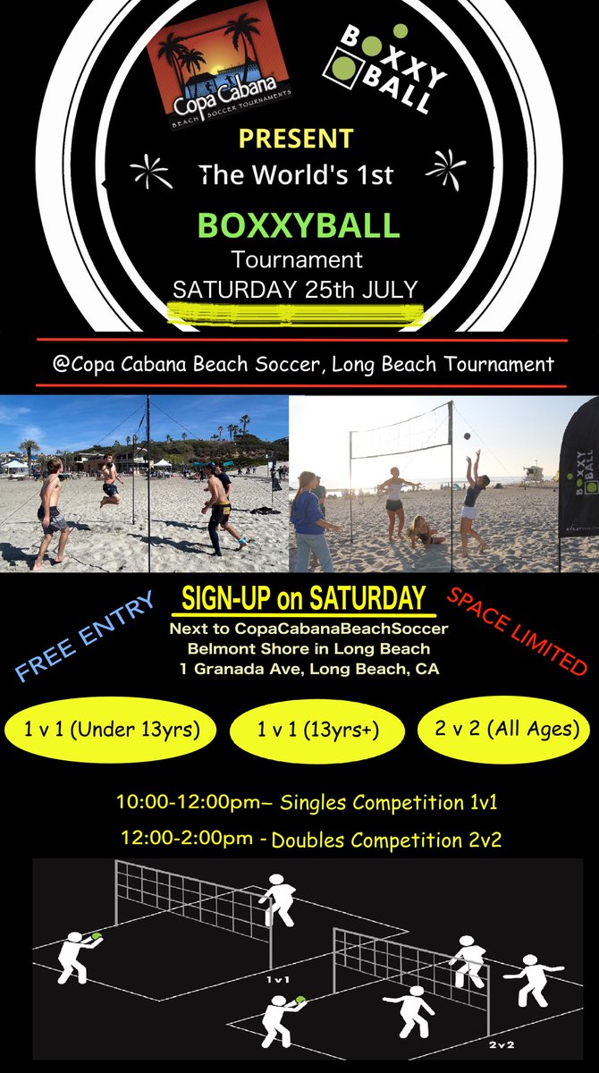 BoxxyBall's tweet photo. Best in class CopaCabanaBeachSoccer hosts the world’s FIRST BoxxyBall tournament: Saturday 25th July at Belmont Shore in Long Beach from 10am to 2pm. FREE entry! Space limited! See you there! https://t.co/BdLaKk0VE4 #boxxyball  #copasports #longbeachcalifornia #beachsoccer https://t.co/mcYTHbWlc3
