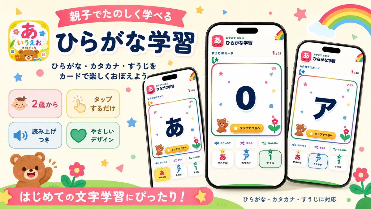 seilog3's tweet photo. ひらがな・カタカナ・数字を、カードをめくりながら楽しく覚えられる知育アプリを作りました！(音声発音がショボいので親御さんの手助け必要です)笑

✅ タップするだけの簡単操作
✅ 日本語の読み上げ付き
✅ 広告なし
✅ 課金なし

親子で一緒に遊んでください！

完全無料なので、ぜひ使ってみてください！