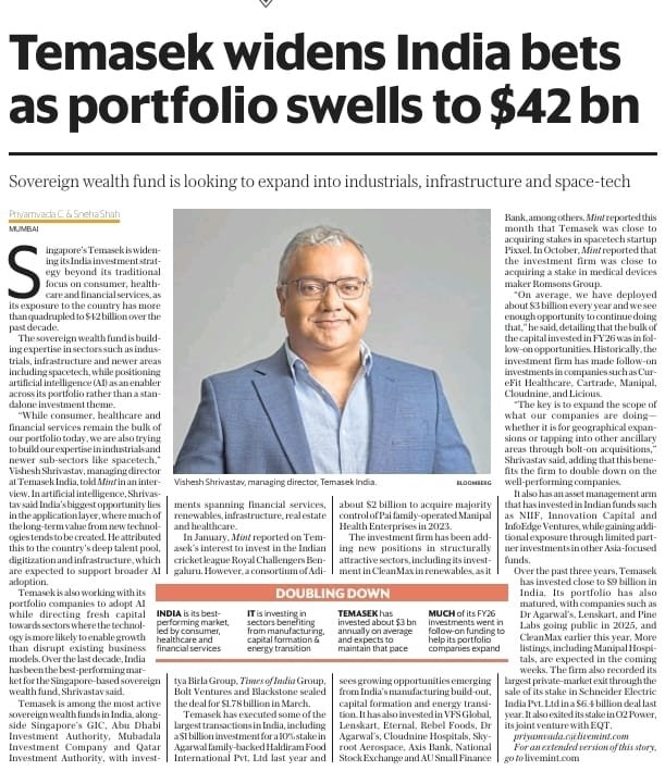Sanjay_Sriv's tweet photo. Global capital has locked in its next big bet: @makeinindia 

​4x growth in 10 years. $42 Billion portfolio. 📈

Temasekis now intentionally widening its footprint beyond its traditional strength in consumer, healthcare, and financial services.

It is doubling down on Industrials, Infrastructure, Real Estate, and Space-Tech.

Key Highlights from Temasek’s India Strategy:
• $42B Exposure: India has become one of Temasek’s top-performing markets globally.

• Consistent $3B Annual Pace: Deploying roughly $3 billion every year in fresh investments and follow-ons.

• High-Tech & Industrial Focus: Strong bets on AI at the application layer, high-tech manufacturing, capital formation, green energy transition (CleanMax), and emerging areas like space-tech.

Why This Matters for India’s Next Decade:
1. Hard Assets Over Hype: Global PE and sovereign wealth funds are moving heavily into the physical backbone of the economy: manufacturing capacity, energy security, and heavy infrastructure.

2. Proven Returns: Massive successful exits like the ~$8.2B Schneider Electric India deal show that Indian industrial assets can deliver world-class liquidity and returns.

3. The Next Inflow Wave: The coming $10B+ from institutions will increasingly flow to companies building physical infrastructure, industrial technology, advanced manufacturing, and deep-tech enablers.

A strong validation that India is graduating to the next league of global investment destinations. 🇮🇳

Watching what sectors will attract the biggest wave of sovereign and institutional capital in India over the next 5 years.
@Temasek @investindia

By @Priyamouli1812 @sneha_s_sharma 
#MakeInIndia #Infrastructure #Manufacturing #InvestInIndia #PrivateEquity #Temasek #IndiaGrowth