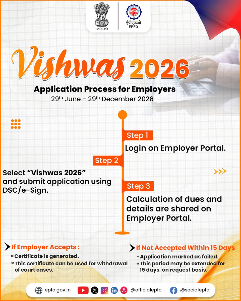 officialepfo's tweet photo. Ready to Apply for Vishwas 2026?

It's easy! Just Log in → Select Vishwas 2026 → Submit with DSC/e-Sign → View Dues &amp; Details

📅 29 June – 29 December 2026

Tap on the link to know more- https://t.co/RKj9wUAJxa

#VISHWAS2026 #EPFO #EPFOWithYou #HumHainNa https://t.co/5pA5rJ91YP