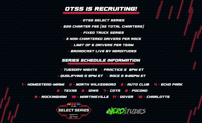 otss_official's tweet photo. 🏁Off Throttle Sim Series (OTSS) is recruiting!  

📅Tuesdays: Select Series S3 (Trucks)

📅Thursdays: Inaugural Contender Series (O'Reilly cars  

📺Broadcast:@NerditudesTV

🔧Setups: Twisted Speed Setups

🚩Live Race Control | 4k IR CAP

 Join Today! https://t.co/bl7KCFrHF8 https://t.co/v23Vv7p8fI