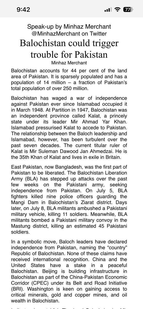 MinhazMerchant's tweet photo. #Balochistan’s   Declaration of Independence last week from #Pakistan may be symbolic for now. But with PoK in open revolt, Khyber Pankhtukhwa in ferment &amp; Sindh unsettled, Pakistan could be left with the rump state of #Punjabistan.  My @DainikBhaskar op-ed. https://t.co/UrIZKsP6AP