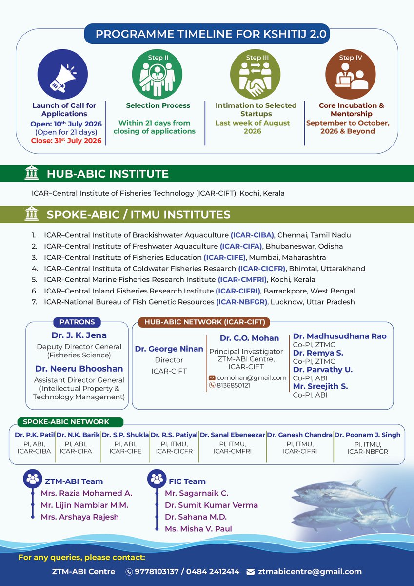 icarcift's tweet photo. 🚀 Applications are now open for KSHITIJ 2.0 – The Blue Horizon Cohort!

A 2-month virtual incubation programme by ICAR Fisheries Institutes under the NAIF–ICAR Network to empower fisheries innovators and startups
📅 Apply by 31 July 2026
🔗 https://t.co/7V0m0nFR8n
#ICAR https://t.co/yJLLKzgsLI