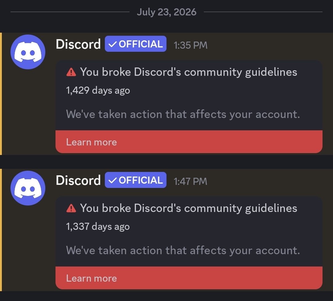 SummerooKRoo's tweet photo. Discord has raped me again over something i said years ago. At this rate I'll hit the limit in a few days and have my 10 year old account shut down. 🙁 https://t.co/h3CZpVfYym