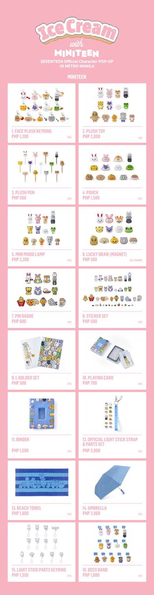 philconcerts's tweet photo. Official merch list at the <Ice Cream with MINITEEN> SEVENTEEN Official Character POP-UP IN METRO MANILA from July 24 to August 14 at the Level 2 The Concourse One Ayala Mall, Makati City! https://t.co/gXnJXBFvr2