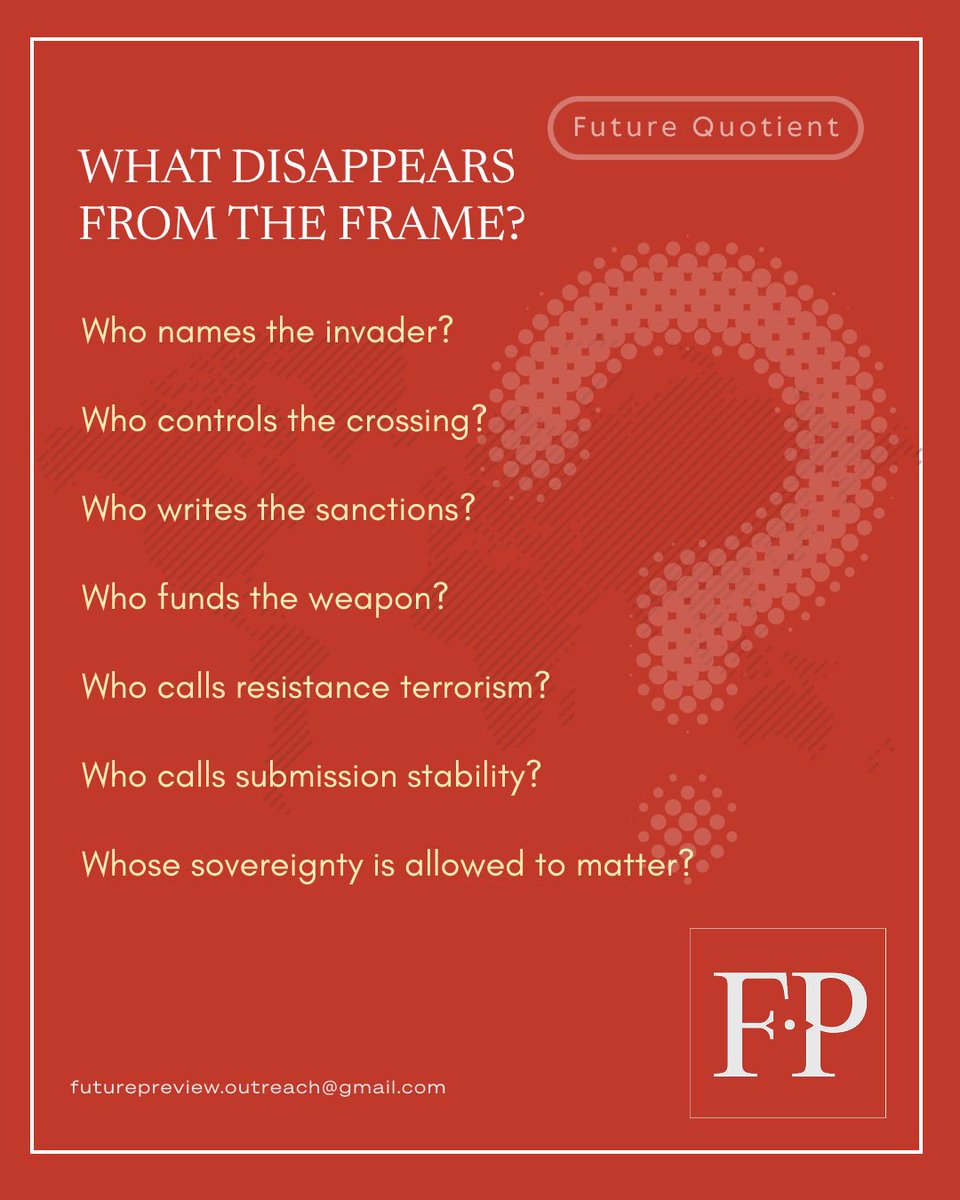 futurepreviewfp's tweet photo. US-Iran: sanctions become stability. US-Latin America: coercion becomes democracy. Israel-Palestine: genocide becomes defense. Ukraine-Russia: arming a proxy becomes help. The single story does not report power. It licenses it. https://t.co/BTbMGlsO0m