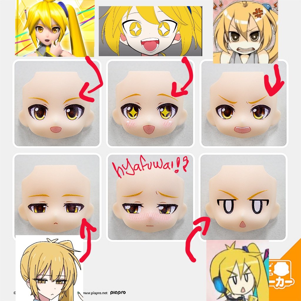 moakitaneru's tweet photo. Nendoroid  face maker extra face plates for Neru are awesome, cuz there are a lot of references!!!! I guess I got all the references, although I don't quite get the blushing one, so I'm going to assume it's the "Hyafuwai" from a certain song I really like xD

#AkitaNeru https://t.co/w5cI50qMKP