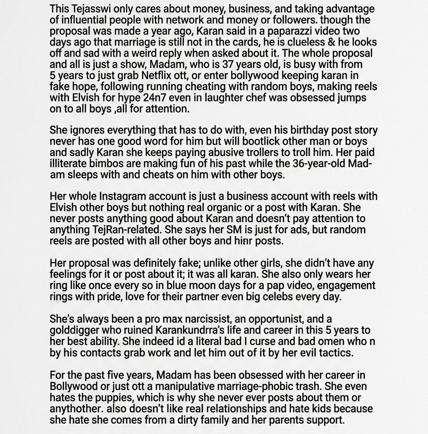 notaswift7's tweet photo. @Jhinga_x_lala 17 years. Countless co-stars and Fiction, reality, films, OTT not one similar public allegation. But an 11-year-old claim with no publicly verified evidence is enough for the hate brigade n paid campaign by 
@itsmetejasswi bhakt against  @kkundrra #TejRan take action against ths https://t.co/k0At81se4u