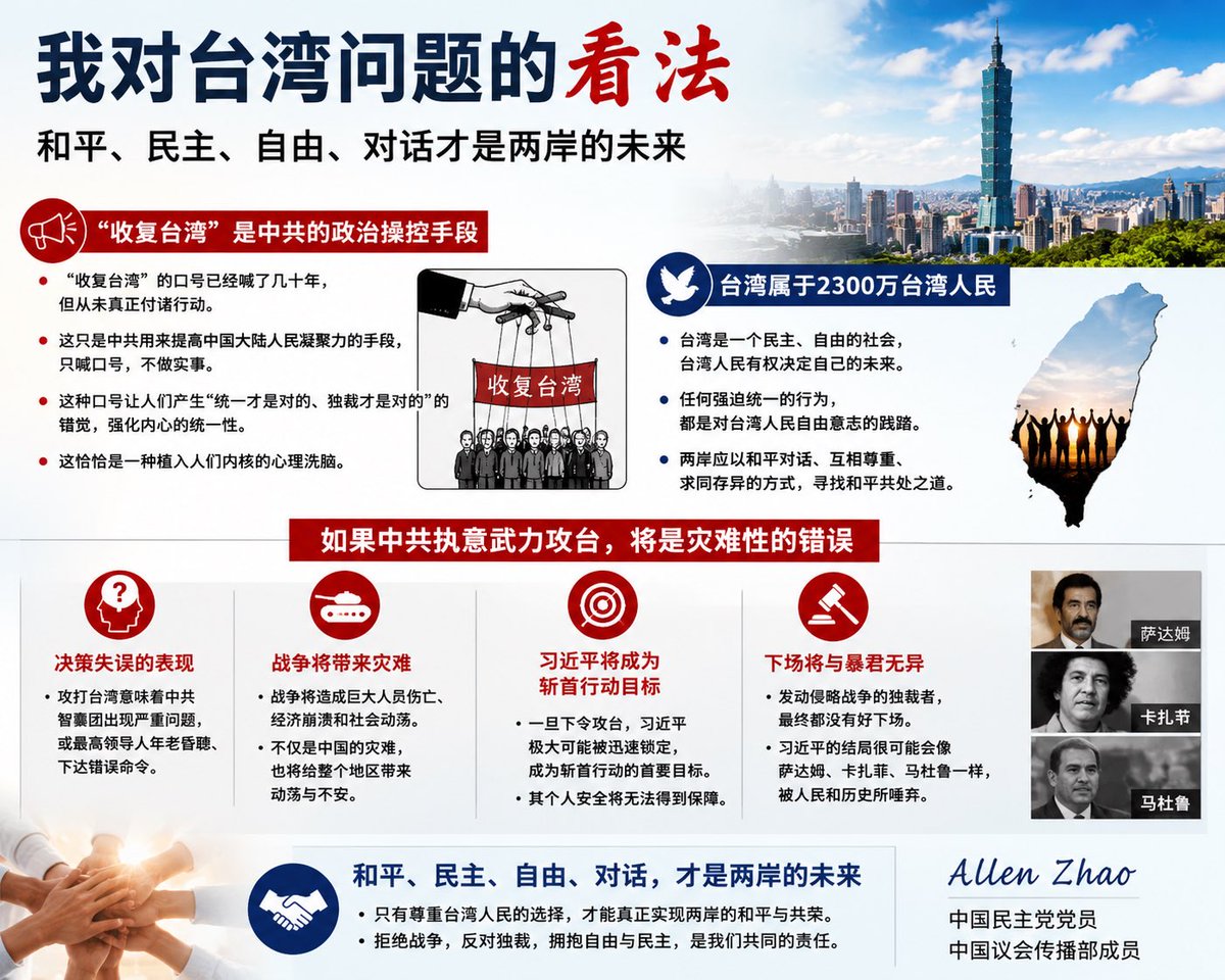 AllenZhaomz's tweet photo. 在我看来，“收复台湾”长期以来更多是中共的一种政治宣传议题，而不是一项现实政策目标。几十年来，这一口号不断被重复，但始终没有真正落实到行动层面。因此，我认为，它在一定程度上被用作一种政治动员工具，用来增强中国大陆社会的凝聚力，并将公众注意力集中到共同的外部议题上。 https://t.co/DduXARn4oO