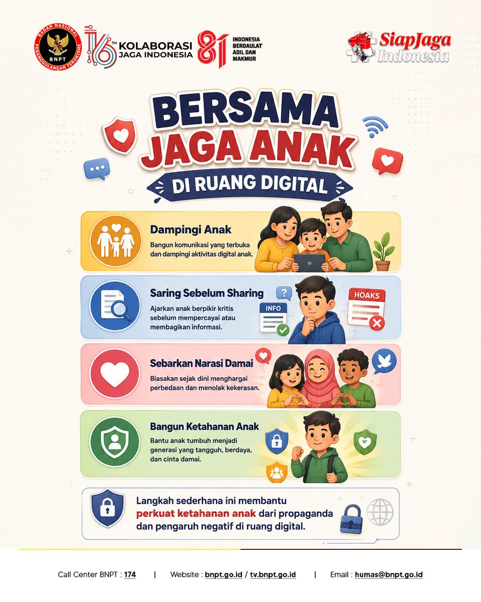 BNPTRI's tweet photo. #SobatDamai
Anak-anak berhak tumbuh dengan rasa aman, didengar, dan menjadi dirinya sendiri. 

Di era digital, melindungi anak bukan hanya dari kekerasan di dunia nyata, tetapi dari konten &amp; paham ekstremisme berbasis kekerasan yang bisa menyebar lewat media sosial dan internet. https://t.co/VMBpmESUt8