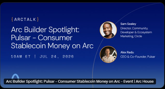 Saddam89bd's tweet photo. 🌐 How are stablecoins reshaping everyday personal finance?
Catch the Arc Builder Spotlight featuring @PulsarMoneyApp as @samconnerone and @Alex__Radu go live! Discover how Pulsar is leveraging Arc to power multi-currency stablecoin accounts and seamless consumer payments.

📅 July 24 | 10 AM ET
What to expect:
• Why Pulsar is building on Arc
• Multi-currency stablecoin balances & payments
• Live Pulsar app walkthrough
• The future of stablecoin-native personal finance
Set your reminders! ⏰