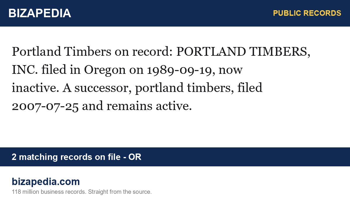 Bizapedia's tweet photo. Portland Timbers on record: PORTLAND TIMBERS, INC. filed in Oregon on 1989-09-19, now inactive. A successor, portland timbers, filed 2007-07-25 and remains active.

https://t.co/RsBaI9iOCQ https://t.co/smA3j2Whyn