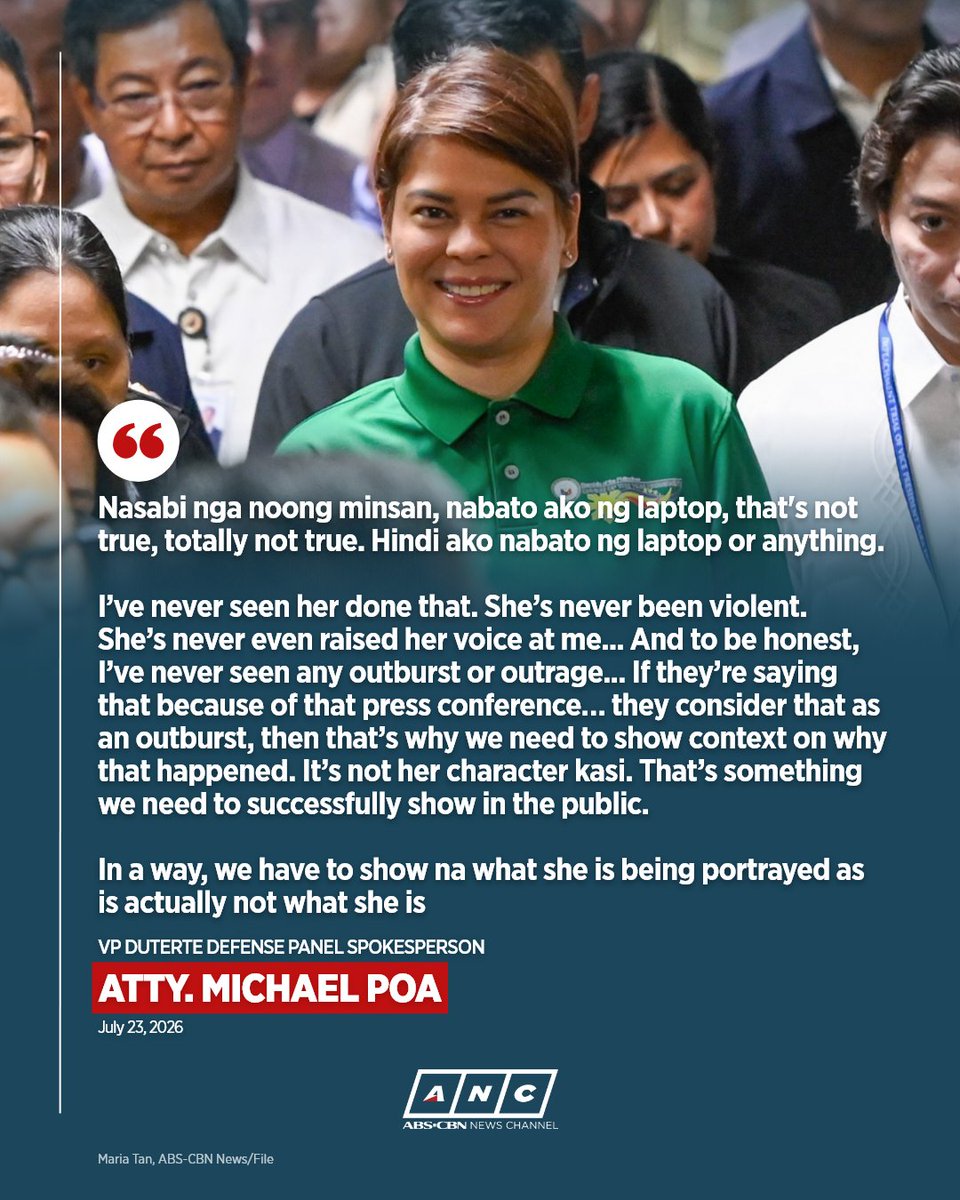 ANCALERTS's tweet photo. ‘SHE’S NEVER EVEN RAISED HER VOICE AT ME’

Defense panel spokesperson Atty. Michael Poa clarified that the rumors that Vice President Sara Duterte threw a laptop at him were untrue, saying that “she has never been violent.” #VPOnTrial

READ: https://t.co/QIc6fUtYWS https://t.co/xpFPGQFpyS