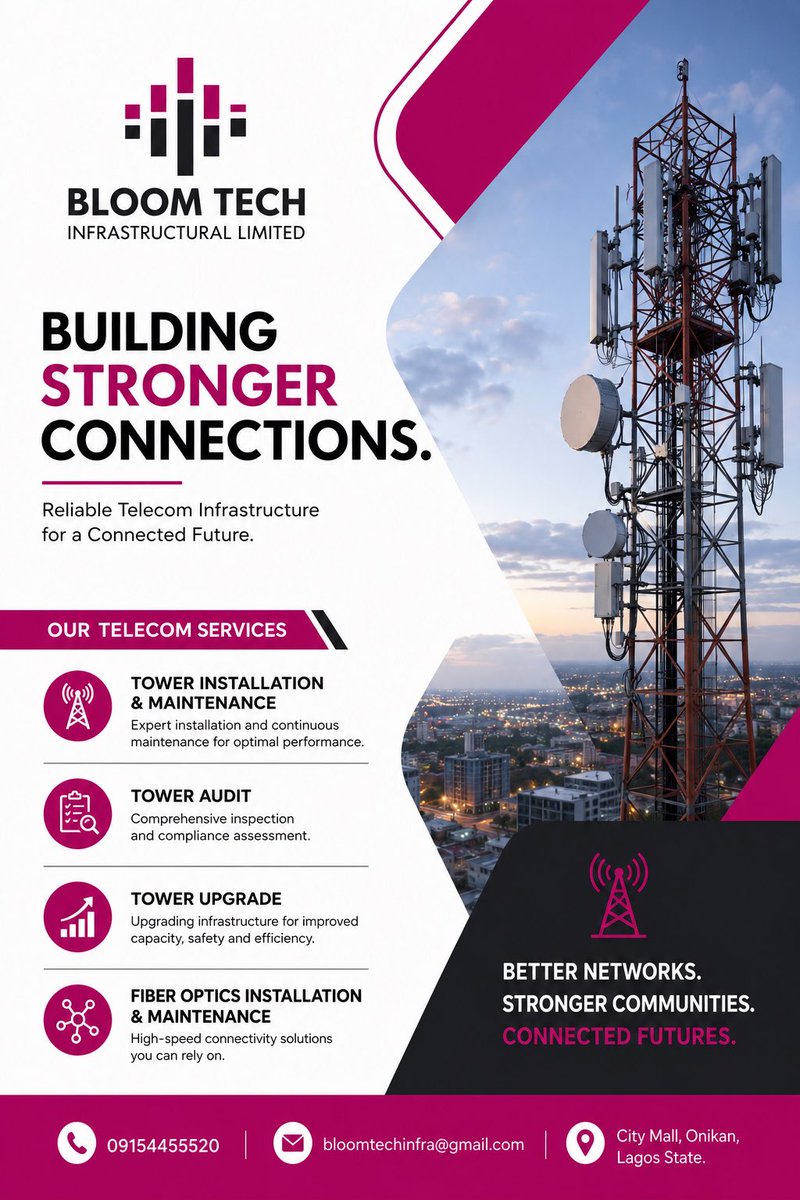 bloomtech_infra's tweet photo. Building Stronger Connections, One Tower at a Time.
From tower installation and upgrades to fiber optic solutions, Bloom Tech Infrastructural Limited delivers reliable telecom infrastructure that keeps businesses and communities connected.
#BloomTech #TelecomInfrastructure https://t.co/19JJsq5deU