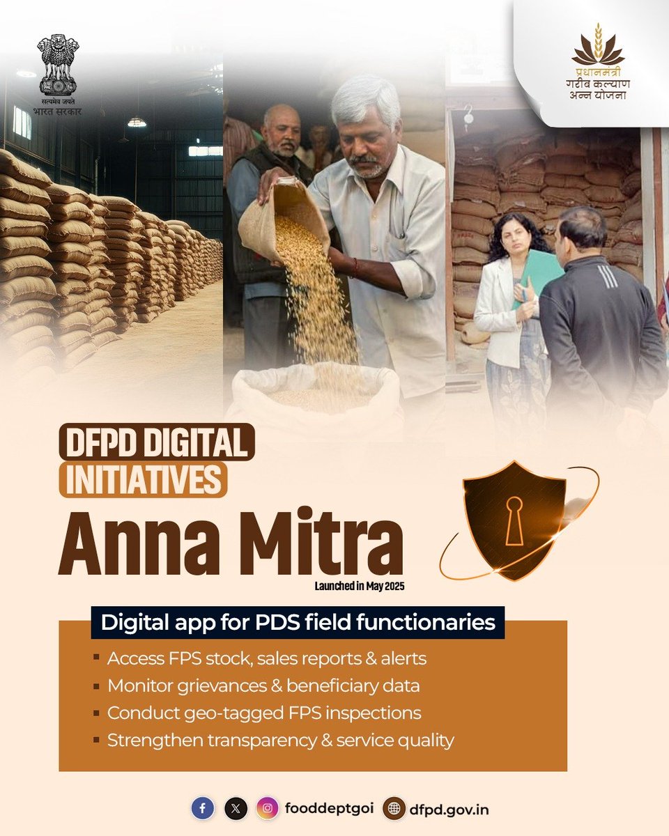 fooddeptgoi's tweet photo. Anna Mitra is a digital initiative of DFPD that equips PDS field functionaries with digital tools to access FPS stock and sales reports, manage grievances, view beneficiary data, and conduct geo-tagged inspections, strengthening transparency and service quality across the PDS. https://t.co/RA1ADiX52Y