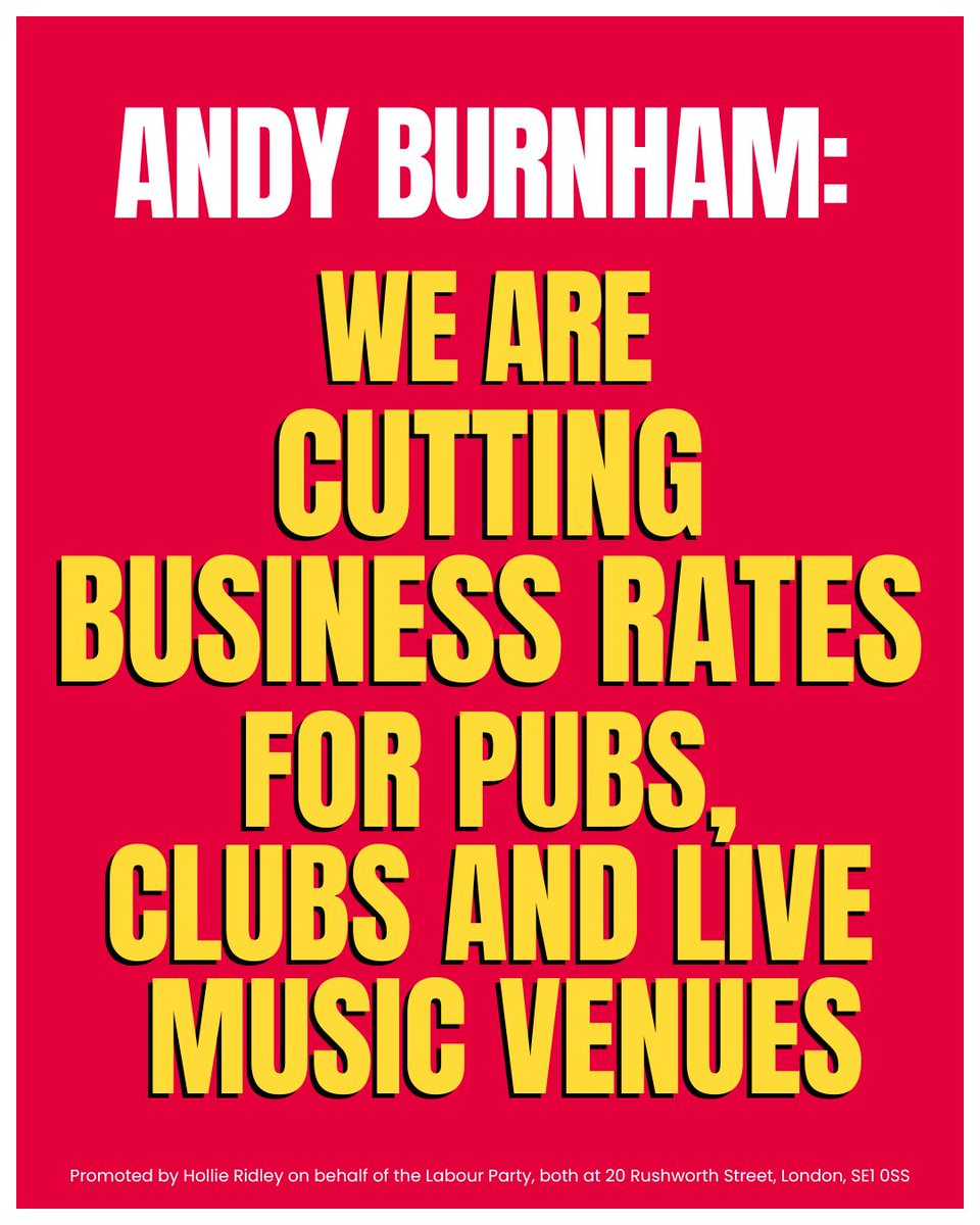 UKLabour's tweet photo. For too long the pubs, clubs and live music venues have been disappearing from high streets. 

That is why Andy Burnham’s government is stepping in, and cutting their business rates from April 2027. https://t.co/fWCkuBQ7lV